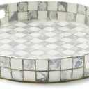 MACKENZIE-CHILDS Capiz Round Tray, Gray-and-White Sterling Check | Hand-applied design, made from capiz seashell, circular serving platter for food and drinks, 14" dia. x 2" H
