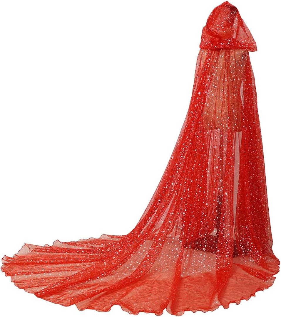 Women Wedding Tulle Cape Hooded Elf Cloak Bridal Dress Robe with Long Train (Red-1)