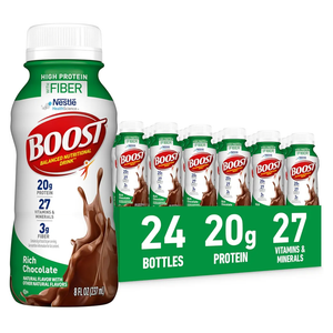 BOOST High Protein with Fiber Ready to Drink Complete Nutritional Drink, Rich Chocolate, 8 fl oz Bottle, 24 Pack BBD: 04-13-27