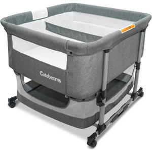Twin Bassinet for 2 Babies, 3 in 1 Double Bassinet for Twins, Adjustable Height Rocking Bassinet for Baby with Wheels, Mosquito Net and Storage Basket, Airflow Mesh (Grey)