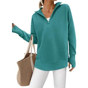 PRETTYGARDEN Women's Long Sleeve Quarter Zip Pullover Sweater Casual Loose V Neck Collared Ribbed Knit Jumper Tops Thumb Hole (Medium, Lake Blue)