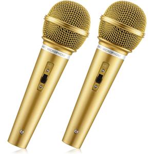 Facmogu 2PCS Fake Microphone Prop, Plastic Pretend Play Microphone for Karaoke Costume, Mic Props for Birthday Party, Halloween, Christmas, Cosplay Music Favors - Gold