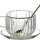Pumpkin Shaped Glass Coffee Mug with Saucer and Spoon, 14.5oz Glass Teacup with Gold Rim