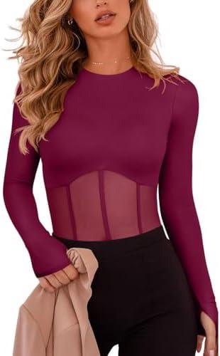 REORIA Women's Trendy Sexy Crew Neck Thumbholes Long Sleeve Sheer Mesh Going Out Bodysuit Tops S