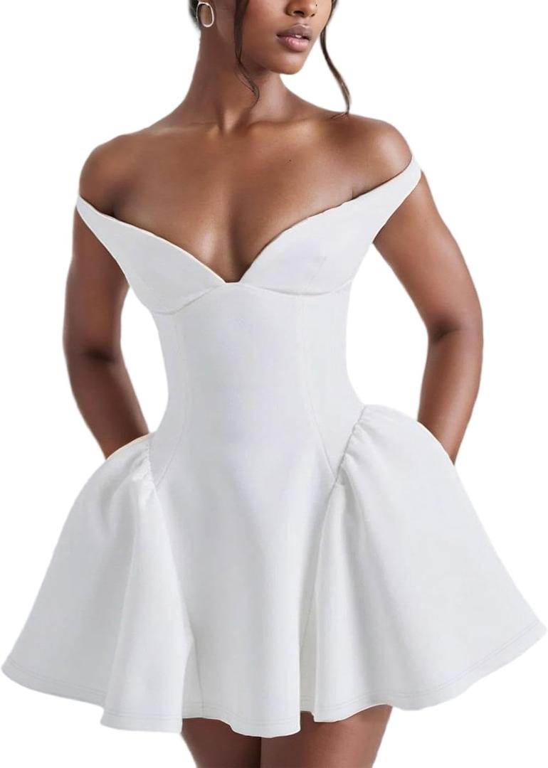 Voghtic Women's Sexy Deep V Neck Backless Ruffle Hem Mini Dresses Party Clubwear Pleated A Line Short Dress (White) Large