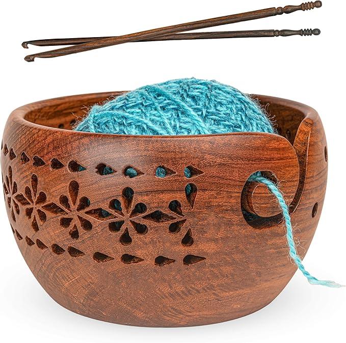 OZYRA Wooden Yarn Bowls for Crocheting & Knitting  Availabe in 2 Sizes, Exquisite Handmade Large Yarn Bowl Holder, Crochet Bowls for Yarn, Knitting Bowl (Pattern Large)