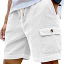 Mens Cargo Shorts Casual Drawstring Elastic Waist Corduroy Summer Beach Shorts with Pockets (White, XXL)