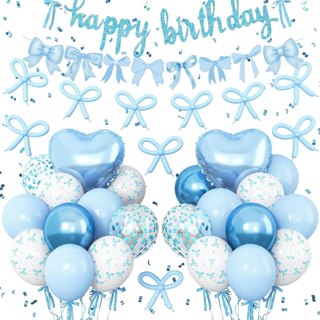 Blue Bow Birthday Decorations, Coquette Party Decor with Blue Happy Birthday Banner, Bow Garland, Bow Balloons, Heart Foil Balloons, Ribbon for Girls, Women, Baby Shower, Bow Theme Party