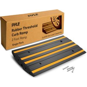 Pyle 2 Ft. Rubber Threshold Curb Ramp, Heavy Duty, Non-Slip, Marine Grade Waterproof, Green Reflective Strip, Single Driveway Ramp for Vehicles, RVs, and Wheelchairs, 24.0’’x16.0’’x2.6’’Inches
