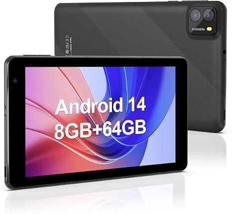 7 Inch Android 14 Tablets,8GB RAM 64GB ROM,2MP+8MP Dual Camera, IPS HD Touch Screen,Qcta core Processor,WiFi 6,Bluetooth(Black)