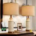 BOBOMOMO 24.5'' 3-Way Dimmable Touch Control Table Lamp Set of 2 with Dual USB Charging Ports for Bedroom Living Room Vintage Rustic Farmhouse Traditional Nightstand Bedside Lamps(Bulbs Included) (2 Pack Touch Switch-Beige)