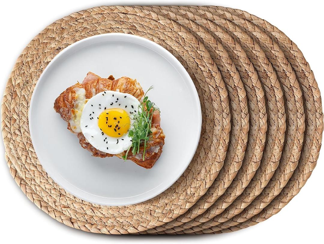 Aofmee 12 inch Round Woven Placemats Set of 6, Boho Rattan Place Mats, Natural Water Hyacinth Table Placemats, Farmhouse Weave Table Mats, Rustic Braided Wicker Charger Plates for Dining Table Decor