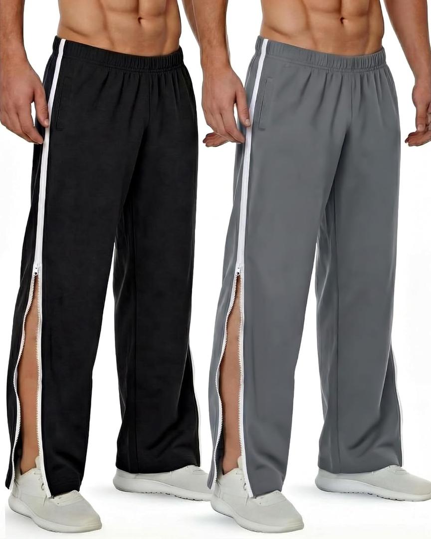Wovnet 2 Pack Men's Post Surgery Pants Tear Away Basketball Sweatpants 2 Side Zippers off Full Open Sweatpant with Pockets(Black，dark Gray, L)