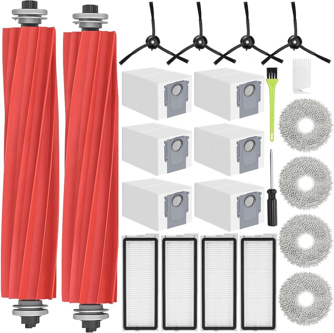 Replacement Accessories for Roborock Qrevo S/Qrevo Pro/Qrevo Plus/QRevo MaxV Replacement Parts for Qrevo S Accessory Kit, 2 Main Brushes, 6 Dust Bags, 4 Filters 4 Mop Pads 4 Side Brushes