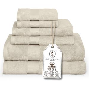 Premium Staple Cotton Bathroom Towel Set - Beige 600 GSM 6-Piece Luxury Bath Towel Set 1 Stripe - 2 Bath Towels, 2 Hand Towels & 2 Washclothes Set - High Absorbent & Quick Dry for Gym, Spa, Hotel