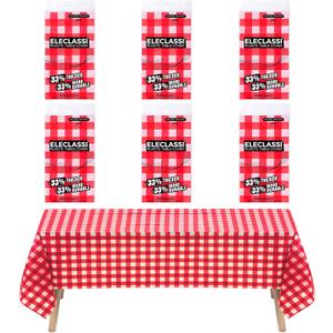 Eleclassi Red Gingham Checkered 6 Pack Premium Disposable Plastic Tablecloth 54 x 108 in - Plastic Table Cloth Disposable Tablecloth for Rectangle Table Up to 8 Feet