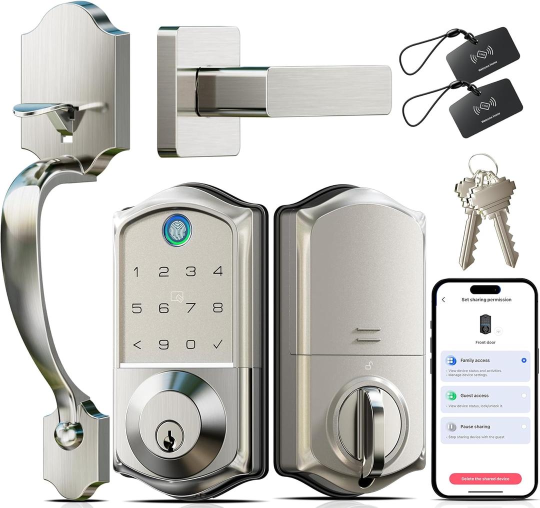 Veise VE017-H Fingerprint Smart Front Door Lock Set, App Control, 8-in-1 Keyless Entry Deadbolt with Zinc Alloy Handles, Emergency Power Port, Touchscreen Keypad, Auto Lock, Easy Install, Satin Nickel
