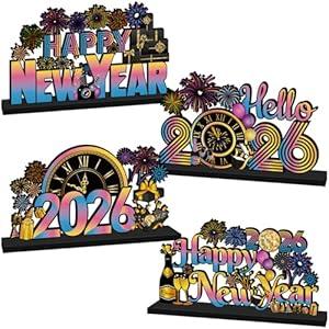 4Pcs Happy New Years Decorations 2026 Wooden Table Centerpiece Hello 2026 New Years Table Decorations Fireworks Themed New Year Table Topper for 2026 New Year's Eve Party Supplies