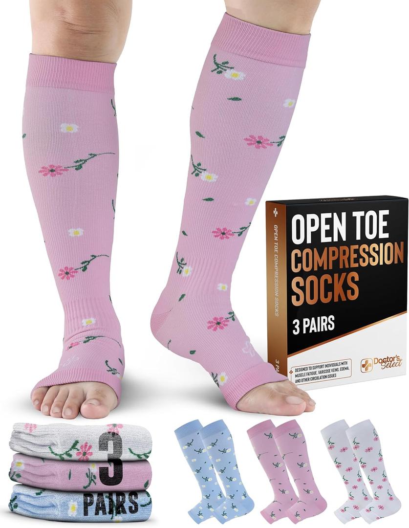 Doctor's Select 3 Pairs Copper Toeless Compression Socks Women & Men - 20-30 mmHg Open Toe Compression Socks Knee High Women (XX-Large)