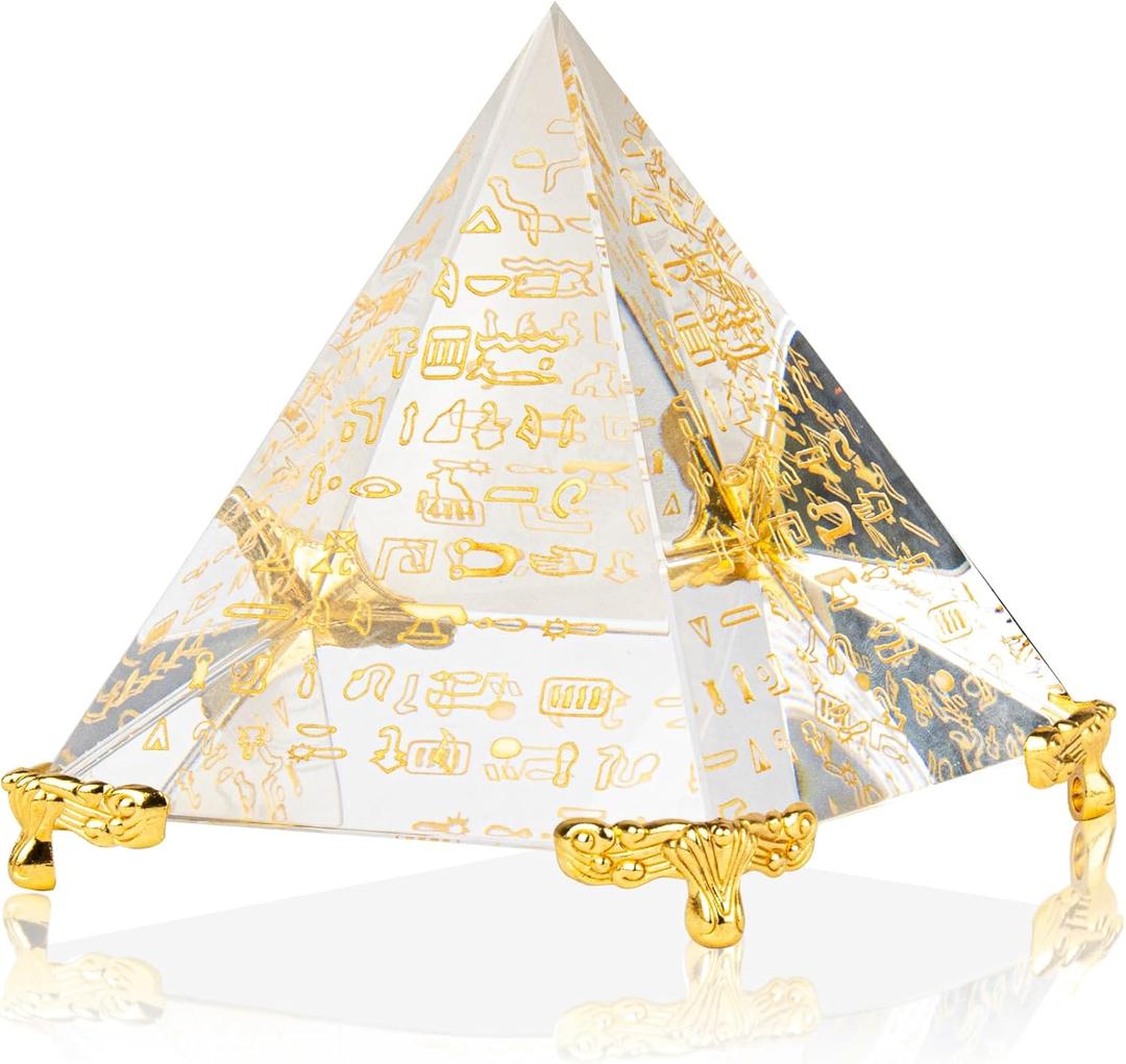 Clear Crystal Meditation Pyramid - Stress Relief Meditation Decor, Healing Positive Energy Feng Shui Ornament with Gold Base for Desk, Office, Home Living Room,3.94 Inch (White and Gold)