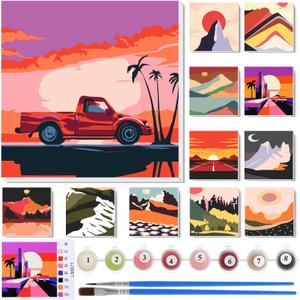 Nezyo 12 Sets Paint by Numbers Kit with Frame for Adult Beginners, Paint by Number DIY Acrylic Painting Canvas for Painting Party, Classroom Activity Birthday Gift, 8 x 8 Inch