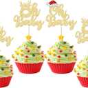 2 x 24Pcs Christmas Oh Baby Cupcake Toppers Gold Glitter Christmas Santa Hat Deer Babyshower Cupcake Picks Baby Shower Christmas Theme Birthday Party Cake Decorations Supplies