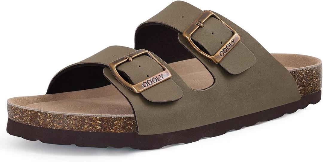 Unisex Cork Footbed Slide Sandal, Arch Support Summer Outdoor Sandals with Adjustable Buckle for Women and Men (6 Women/4.5 Men, Almond Frost)