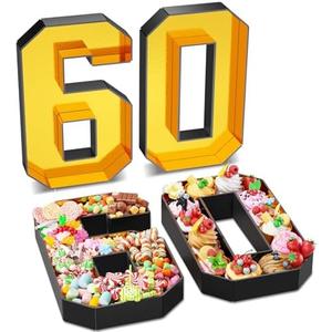 Paready 13.78'' Fillable Cardboard Number 60 for Charcuterie, Gold Black Number 60 Tray, Food Fillable Number 60 Box Flower Candy Cupcakes Container for 60th Anniversary Birthday Party Decoration