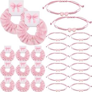 Hoteam 10 Sets Coquette Party Gifts Bulk Adjustable Coquette Bow Braid String Bracelets Pink Hair Scrunchies with Bow Cards Cheerleader Birthday Party Favor for Cheer Dance Team Friends Gift