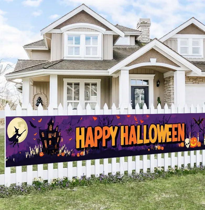 Happy Halloween Banner Halloween Decorations Outdoor Yard Banner Purple Moon Scene Witch Pumpkin Ghost Skull Bat Backdrop 118x20 Inch for Fence Garden Porch Party Wall Decor