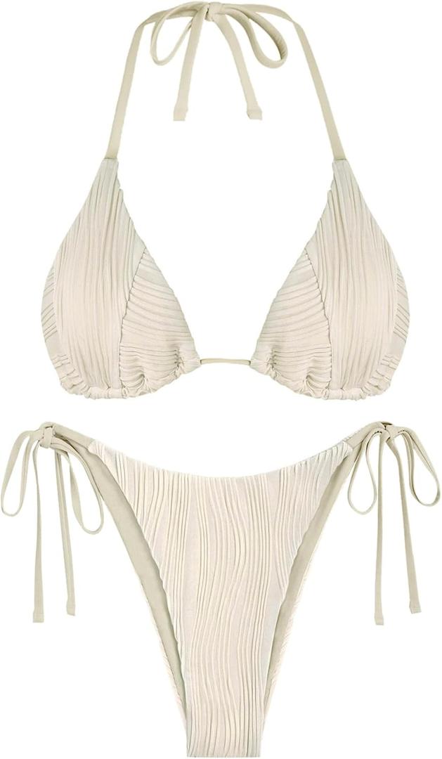 ZAFUL Bikini Sets for Women Halter Two Piece Swimsuit Ribbed High Cut Tie Side Thong Bathing Suit Sexy Padded Swimwear (Large, Beige)