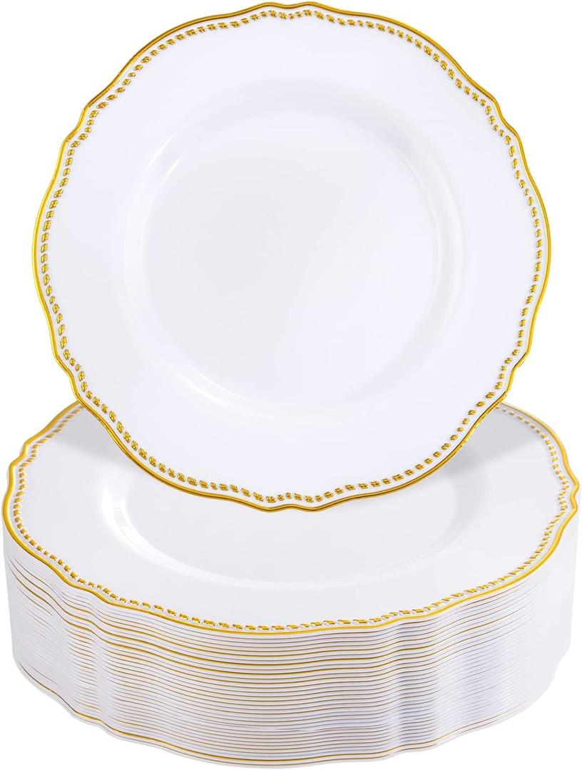 Hioasis 60pcs Gold Plastic Plates - White and Gold Disposable Dinnerware with Gold Rim, Heavy-duty, 7.5 inch, Dessert Plates for Party & Thanksgiving