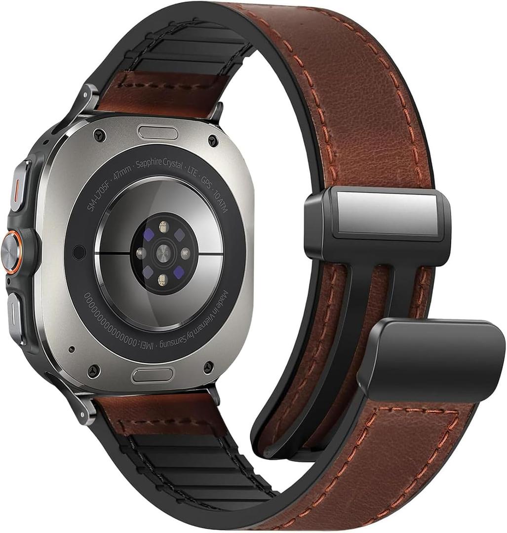 Magnetic Leather Watch Band Compatible with Samsung Galaxy Watch Ultra 47mm (2025/2024) Magnetic Buckle Design Adjustable Classic Wristbands Accessories Replacement Straps for Men and Women (A1 Dark Brown)