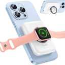 RORRY for Magsafe Portable Charger, [for iPhone & iWatch] Fast Charging Magnetic Power Bank, 5000mAh for Wireless Portable Charger, for Magsafe Battery Pack with Finger Ring, White