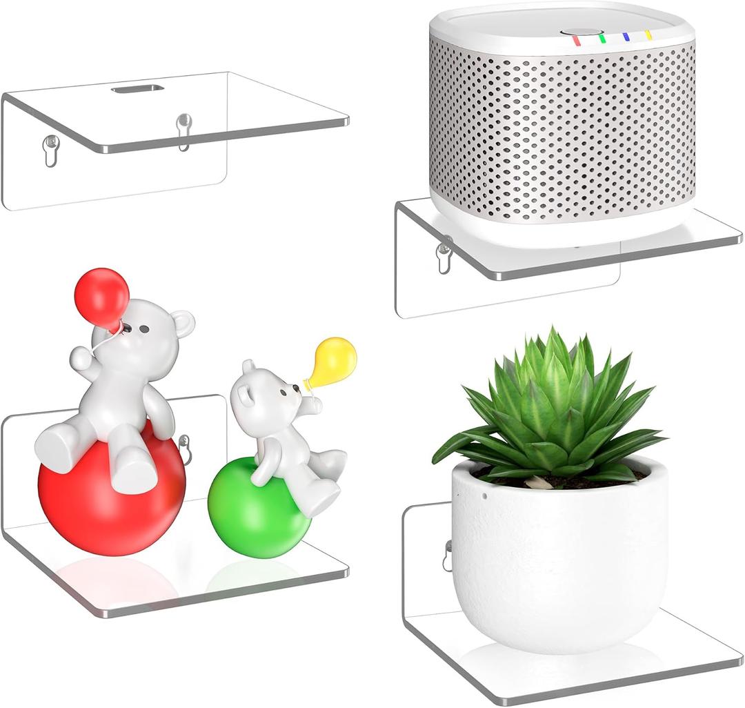 4 Pack Small Wall Shelf - 4" Floating Shelves for Wall Display Ledges for Funko Pop Figures, Plants, Speakers, Durable Plastic Adhesive or Screw Shelves in Bedroom Kitchen Living Room, Clear
