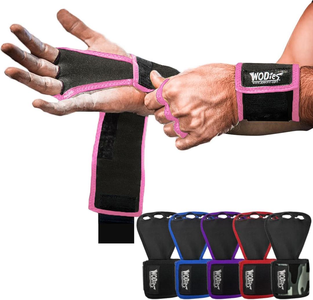 JerkFit WODies 3 Hole Gymnastics Grips with Wrist Support - Hand Grips, Latex Free Elastic Crossfit Grips for Weightlifting, Cross Training - Palm Protection Pull Up Grips for Men and Women (Pink, M)