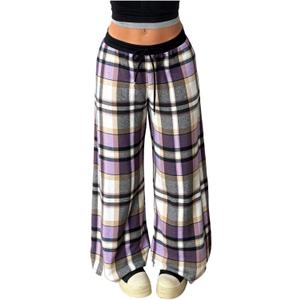 SOLY HUX Women's Plaid Checkered Pants Flannel Pajama Pants Lounge Wide Leg Baggy Sweatpants with Pockets (Violet Purple Plaid)