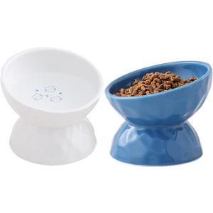 AOMRYOM Raised Cat Food Bowl, Ceramic Elevated Tilted Cat Bowls, Pet Bowl Dish Set for Cats and Small Dogs, Protect Cat's Spine, White & Blue, Set of 2, Dishwasher and Microwave Safe