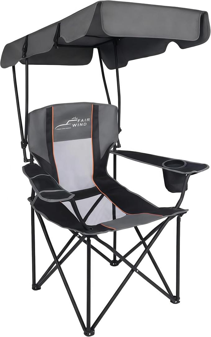 FAIR WIND Portable Canopy Camping Chair 380 LBS Capacity Heavy Duty Oversized Folding Lawn Chair with Sunshade for Beach, Fishing, Sports & Outdoors (1 Pack, Black (Mesh))