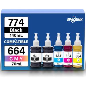 Spaceink 774 664 Ink Refill Bottles for ET-2650 ET-2550 ET-16500 ET-4500 ET-4550 ET-2500 ET-2600 ET-3600 ET-14000 Printers (2 Black Cyan Magenta Yellow 5 Pack)