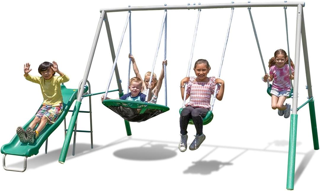 Sportspower Northridge Metal Swing Set, 500 lb Capacity, 32" Saucer, 2 Blow-Molded Swings & 5ft Slide, Durable 6ft Frame, Outdoor Backyard Playset for Kids Aged 38