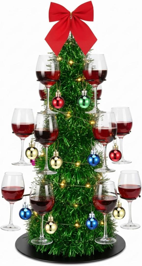 Christmas Cocktail Tree Stand Lighted Tree Drink Holder with Bow and Christmas Ball 3 Tier 12 Champagne Holders Martini Margarita Cups Stand for Home Xmas Party Holiday Table