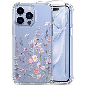 GVIEWIN for iPhone 13 Pro Case with Screen Protector & Camera Lens Protector, [10FT Military Grade Drop Protection] Clear Shockproof Slim Fit Floral Phone Case for Women 6.1" (Floratopia/Colorful)