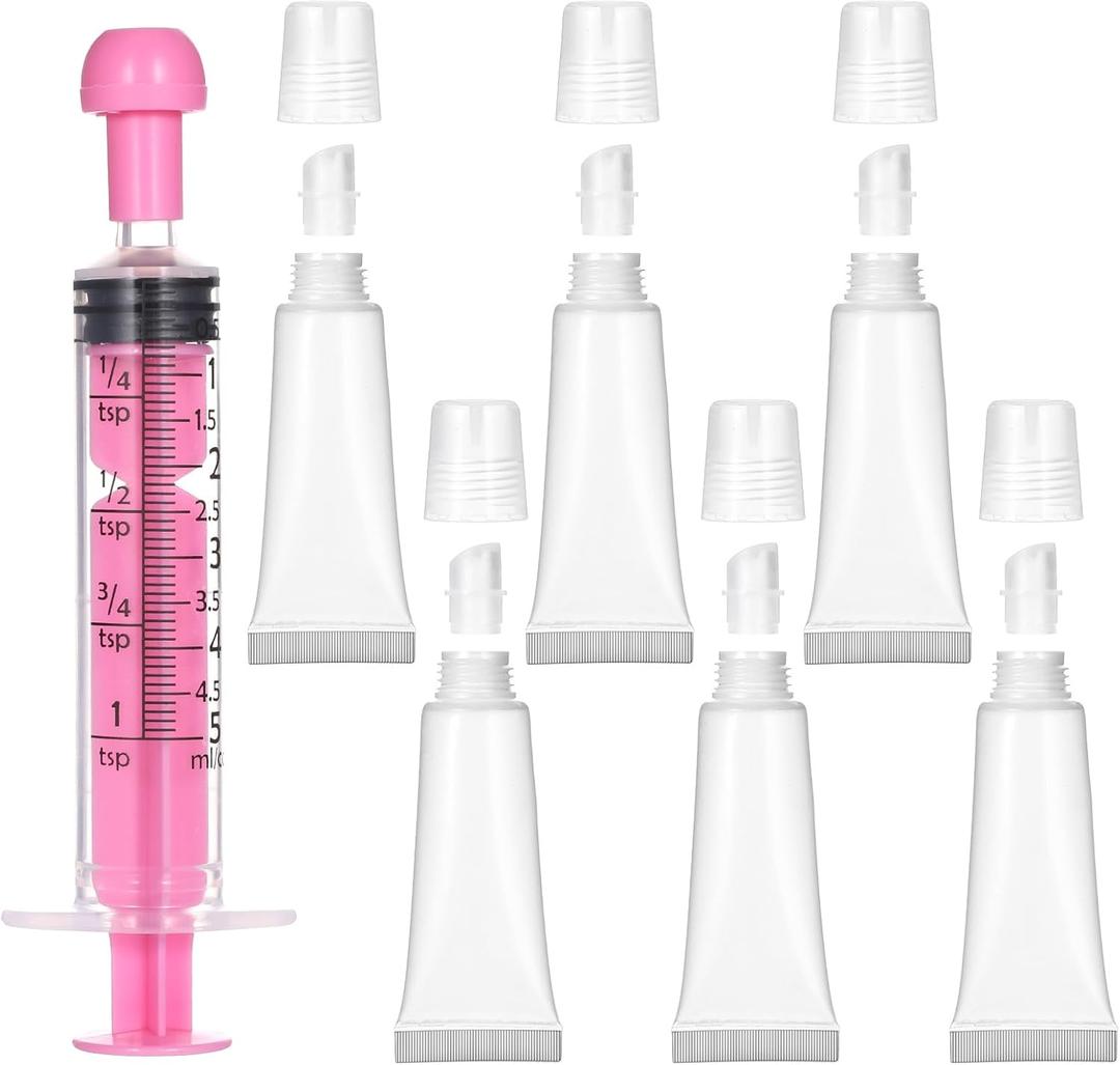 6PCS Empty Lip Gloss Tubes 8ml Clear Lip Balm Tubes with 5ml Pink Syringes Refillable Squeeze Lipbalm Containers Travel Toothpaste Container Mini Cosmetic Soft for DIY Lipgloss and Travel Toiletry