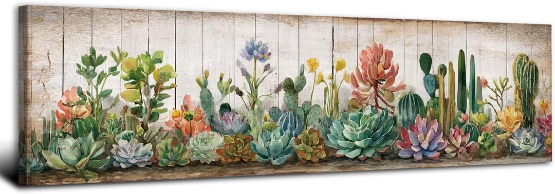 Rustic Succulent Wall Decor Cactus Wall Art Southwestern Arizona Desert Painting Canvas Prints Farmhouse Green Saguaro Picture Boho Tropical Flower Poster Artwork Bedroom Living Room Decoration 14x48"