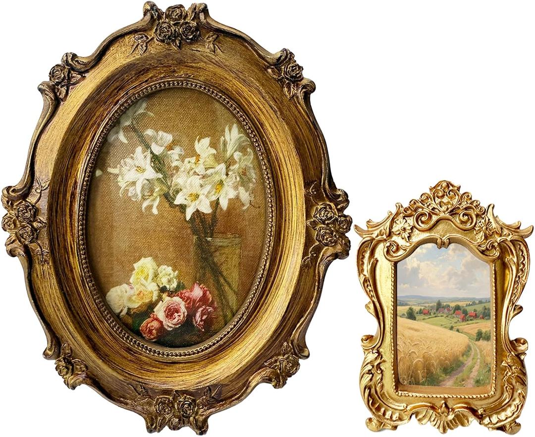 2 Pcs Vintage Photo Frames Antique Baroque Ornate Resin Rectangle Oval Picture Frames with Glass Front Tabletop and Wall Decor for Home Wedding 46 and 23