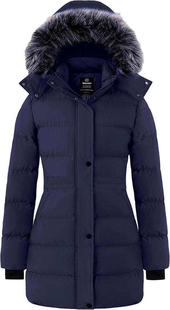 wantdo Women's Winter Coats Quilted Long Puffer Jacket Waterproof Hooded Coat (Large, Navy)