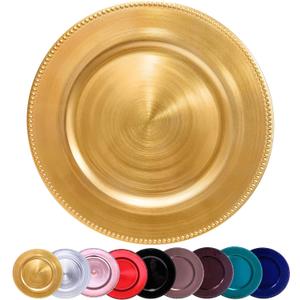 Metallic Round Charger Plates 10PCS, 13inch Plastic Beaded, bulk wedding, Dinner, Party, Event, Decoration( Gold 10)