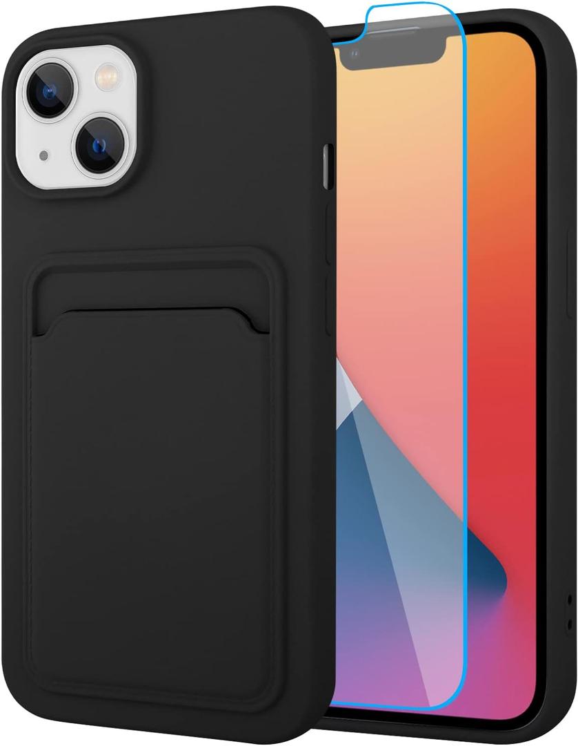 MZELQ Compatible with iPhone 14 Case TPU Card Holder Wallet Cover,Camera Protection + Screen Protector Soft Card Slot Phone Case -Black