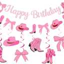 Coquette Cowgirl Birthday Party Decorations Banner Cowgirl Themed Party Decorations with Glitter Banner Garland Hanging Swirls for Western Cowgirl Bows Birthday Themed Party